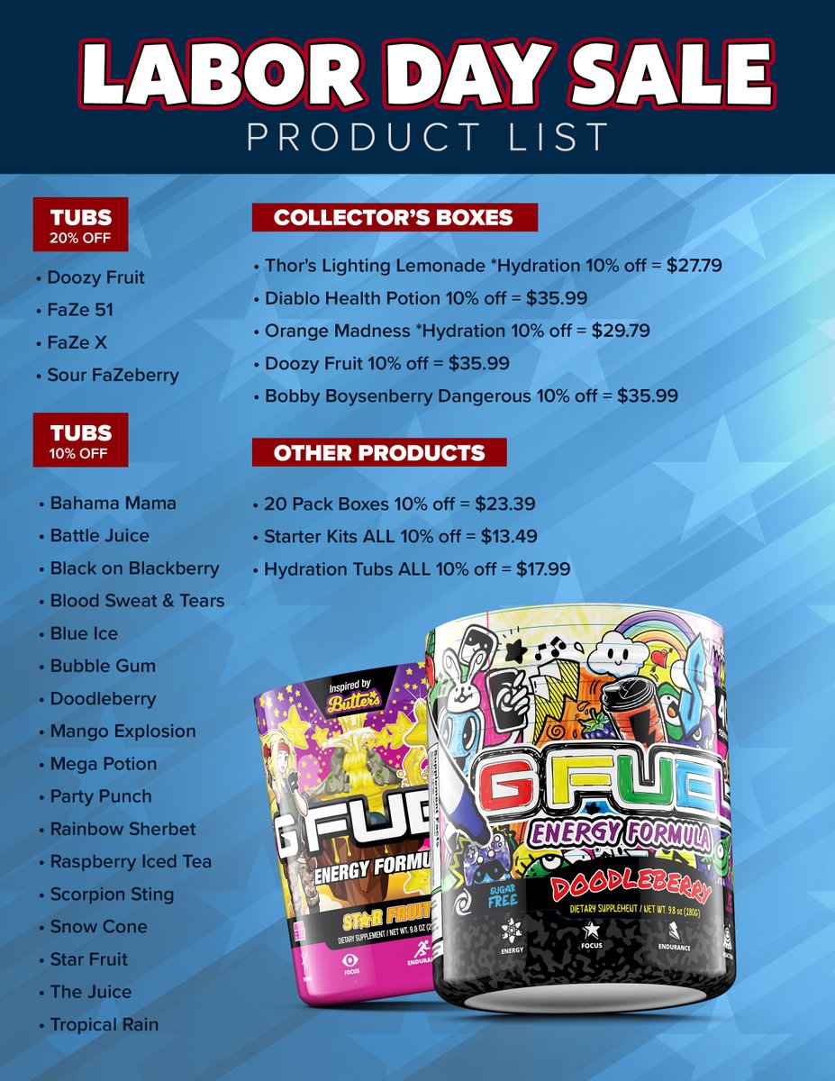 GFuelEnergy's tweet photo. 💙 𝗟𝗜𝗞𝗘 + 𝗥𝗧 to win a #GFUEL ITEM of your choice from our #LaborDay Sale Menu!!! Picking 2 winners next week bc everything you see here is ON SALE thru September 6th!

🤩 CODE "LABORDAY" = EXTRA 25% OFF!

🛍️ 𝗦𝗛𝗢𝗣 𝗦𝗔𝗟𝗘: https://t.co/sXhoJDMqW6 https://t.co/z5c24rH1nD