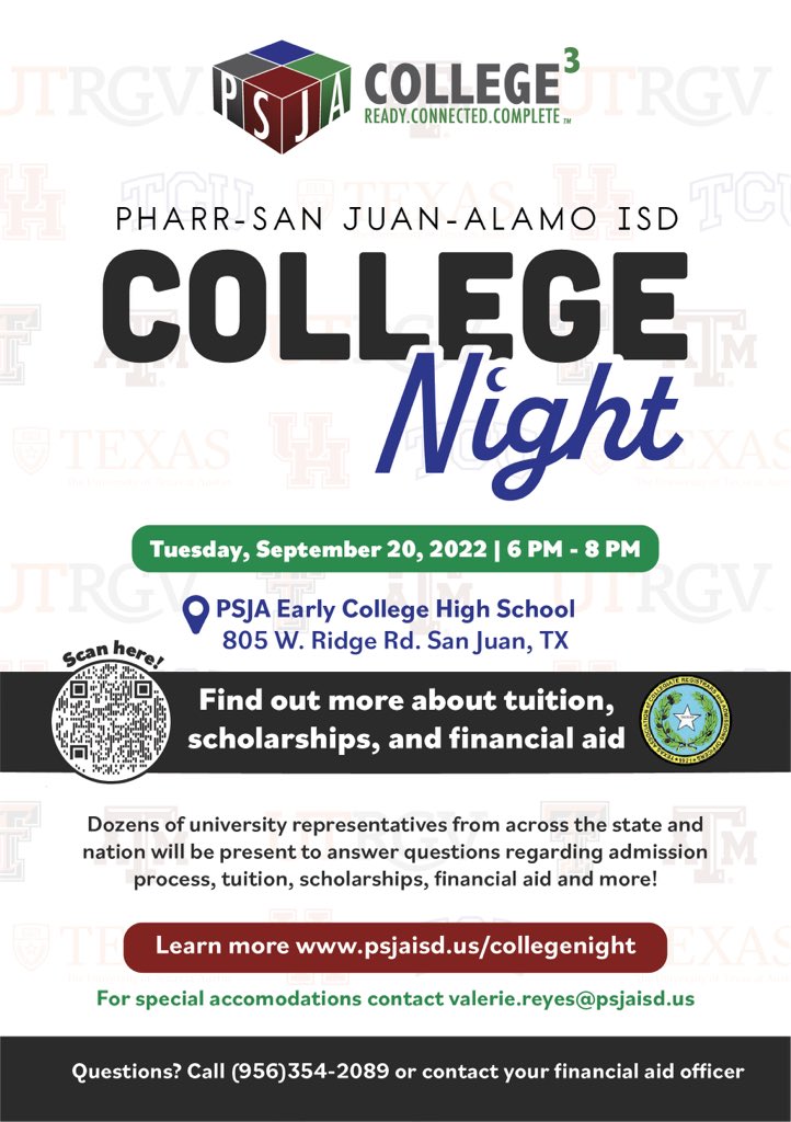 advisorcgarcia's tweet photo. @PSJAISD students, don't forget our 23rd Annual PSJA College Night is Tuesday, Sept. 20th at 6:00 pm.

Come meet with dozens of representatives from colleges and universities across the state and nation. https://t.co/eMwt5eHepC