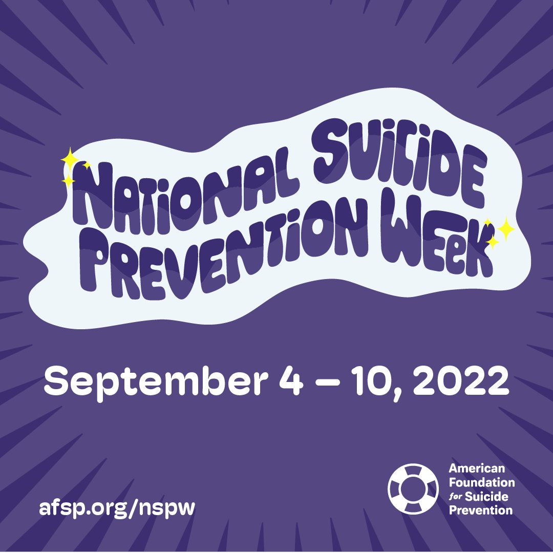 Dr. Kristin Tugman (@drtugmanphd) on Twitter photo The American Foundation for Suicide Prevention <a href="/afspnational/">American Foundation for Suicide Prevention</a> promotes awareness during National Suicide Prevention Week (Sept. 4-10). Learn more about their research, education and advocacy here (as well as where to get/give help): #SuicidePrevention
nspw.afsp.org The American Foundation for Suicide Prevention <a href="/afspnational/">American Foundation for Suicide Prevention</a> promotes awareness during National Suicide Prevention Week (Sept. 4-10). Learn more about their research, education and advocacy here (as well as where to get/give help): #SuicidePrevention
nspw.afsp.org
