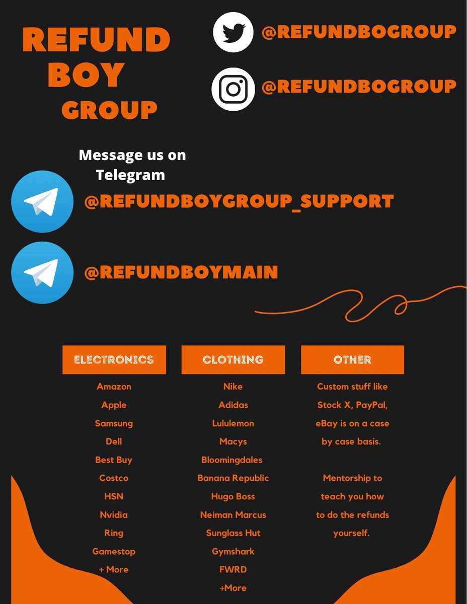 RefundBoyGroup's tweet image. Jigs/methods to only pay 20-30% for items. Reach out to me through DMs or telegram.

Only pay once you’ve received the item and gotten your refund email!

Telegram Announcements: 
tinyurl.com/39xdtyx5

Telegram for Support: @RefundBoyGroup_support
