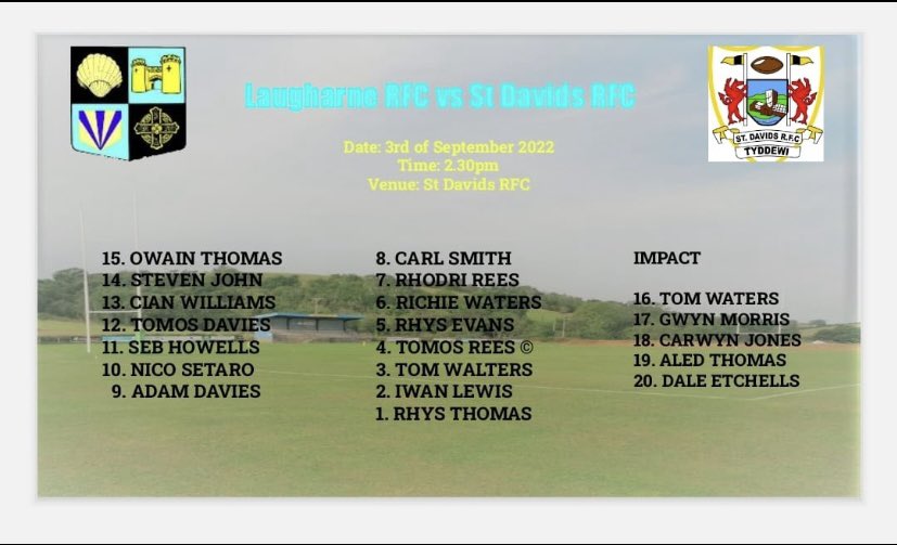 LaugharneRFC's tweet photo. Here is your Laugharne starting line up for Saturdays game vs @St_DavidsRFC .
Bus leaving the grist at 11:45, supporters welcome! 
🔵🟡🔵🟡 https://t.co/QHiNcizIMc