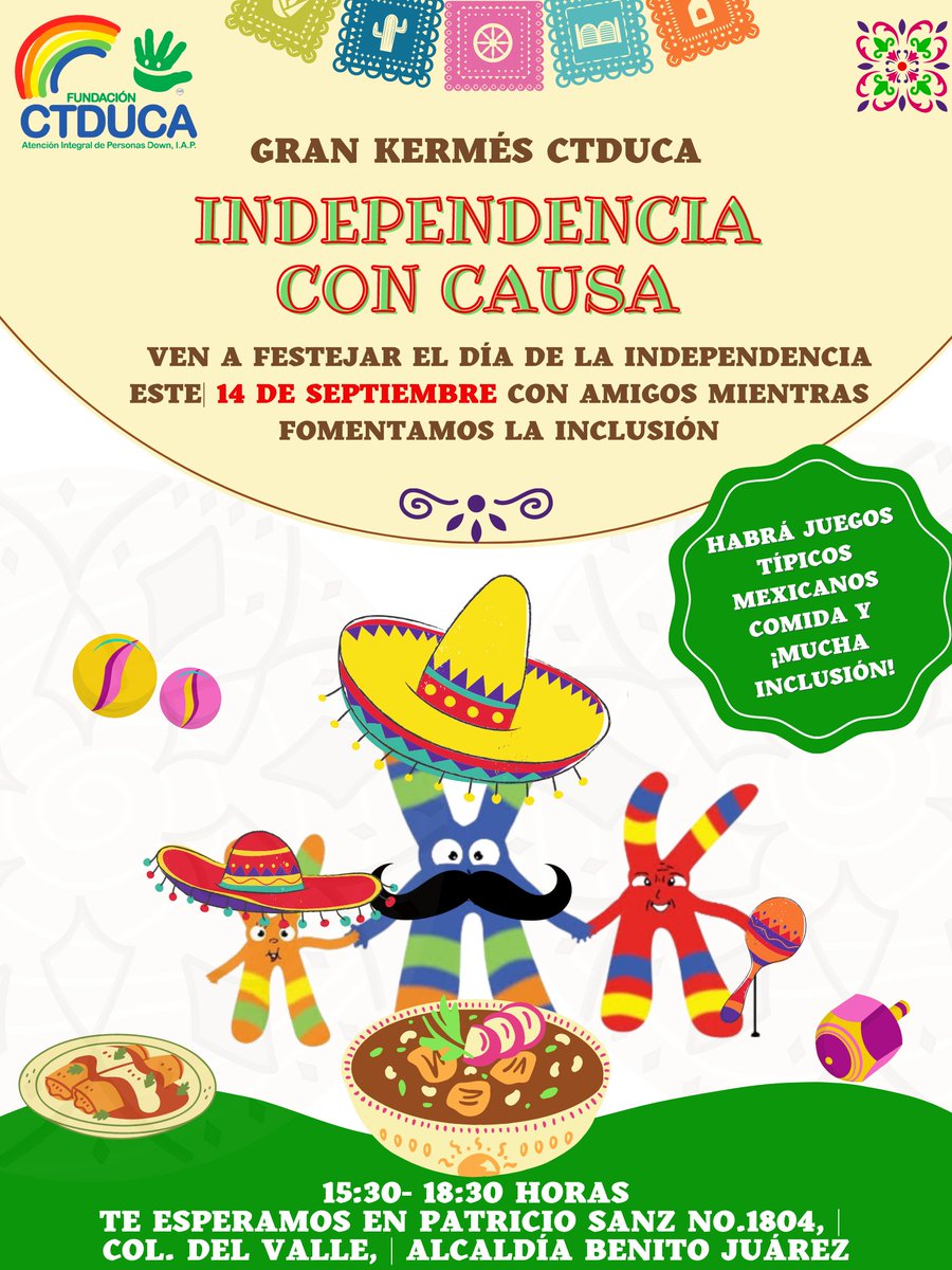 ctduca_iap's tweet photo. 🔈 Los esperamos este próximo 14 de septiembre a nuestra Kermés "Independencia con causa"
✨¡NO FALTES! ✨
Recuerda que con tu participación apoyas a la habilitación de personas con Síndrome de Down de Fundación CTDUCA.
#CTDUCA #SíndromedeDown #Independencia https://t.co/tG8uaiZJMh