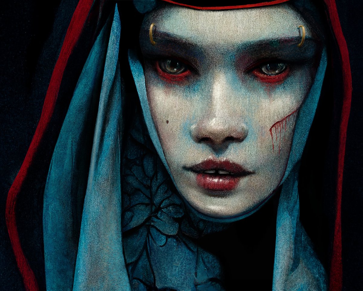 Agatha, the 1st of a few “Bad Habits” I am working on.

AI is great at capturing essence, but details, not so much. My goals are to match a painting style across all the images, with a focus on painting dark, but vibrant eyes. 

Also, Hail Satan.🤘

#midjourney #AiArtwork #AIart