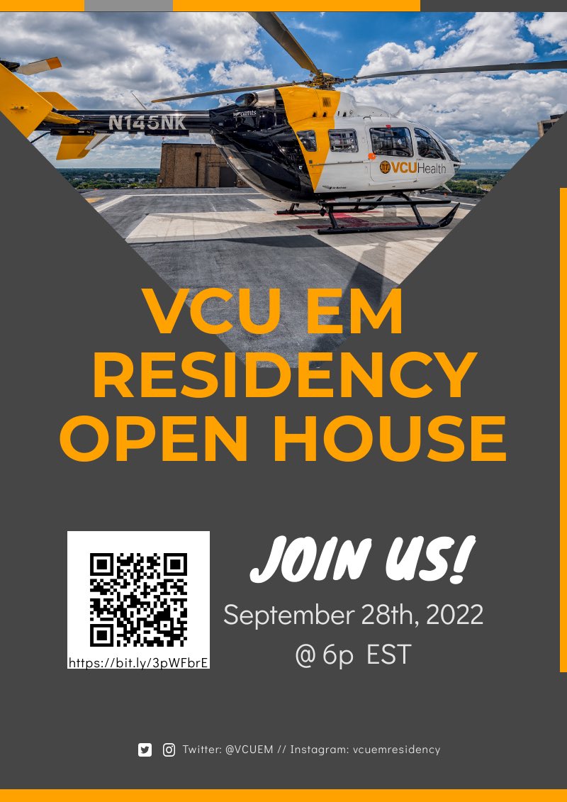 Join us for a virtual open house on Wednesday, September 28th at 6p EST. We can’t wait to meet you and talk to you about emergency medicine and training at VCU! 
Sign up here: bit.ly/3pWFbrE

#EMbound #Match2023 #VCUEM #emresidency