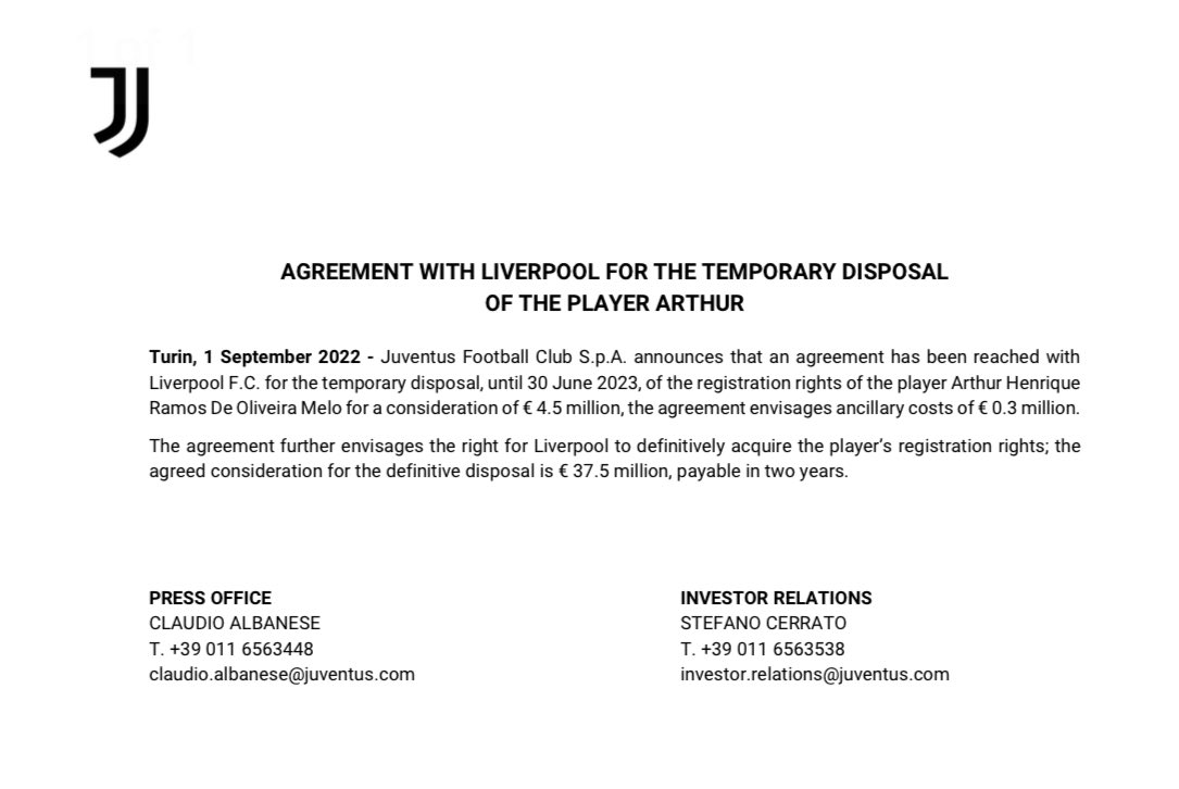 Juventus confirm that Liverpool have the option to buy Arthur for €37.5m...