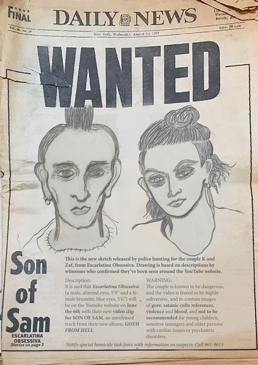 Hello from the gutters :
ESCARLATINA OBSESSIVA - 'SON OF SAM
NEW OFFICIAL VIDEO ON SEPTEMBER 6TH!!!!
Abrindo os trabalhos para o lançamento do 'Goth from Hell', dia 6/9 tem lançamento do nosso novo vídeo clip para a música 'Son of Sam'.
#sonofsam