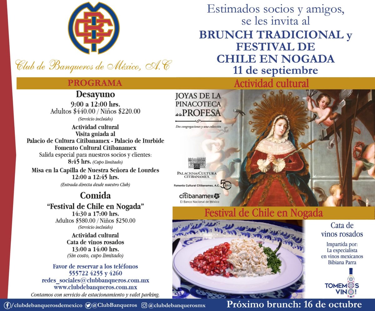 Asiste a nuestro brunch tradicional y festival de chile en nogada! Domingo 11 de septiembre.
Informes y reservaciones a los teléfonos
555722 4255 y 4260
Redes_sociales@clubbanqueros.com.mx
#clubbanqueros
#brunchdominical #restauranteCDMX