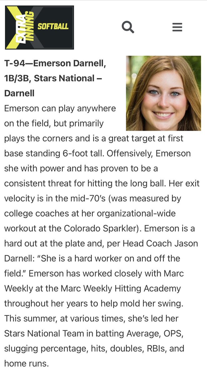StarsnationalD's tweet photo. Congratulations to our #5 @EmersonDarnell5 for breaking into @ExtraInningSB’s Top 100 Rankings for the Class of 2024. She received #94 overall ranking. Congrats on the recognition Em. We’re so very proud. You have a bright future! @starsnationalfp #starsnationaldarnellgrabowski https://t.co/IH0ABhnjY1