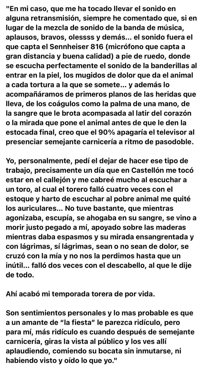 IbonPerezTV's tweet photo. TESTIMONIO ESTREMECEDOR DEL TÉCNICO DE SONIDO DE TELEVISIÓN, JOSÉ SEPÚLVEDA.

Testimonio estremecedor sobre las retransmisiones de toros del técnico de sonido de televisión, José Sepúlveda

#StopTauromaquia #StopMaltratoAnimal #TauromaquiaEsTortura https://t.co/fW1DIBe174