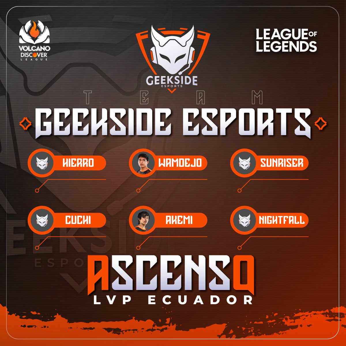 Geekside_Sports's tweet photo. ¡GEEKSIDE IS BACK! 😎

🧡Presentamos nuestro roster para el ascenso🦊

🥶 6 tipasos y un coach que lo van a dar todo 🥵🤙

🦊 @ElSosioLol
🦊 @Hierro_lol
🦊 @Cuchi322
🦊 @Wam_lol
🦊 @Akemi_1241
🦊 @YanlordLoL
🦊 @Nightfallsito

#GoGSE #WeAreGSE #lvpecuador #VolcanoDiscoverLeague https://t.co/46BW9MpOSk