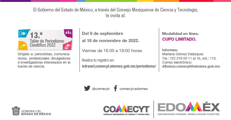 comecyt's tweet photo. 🔬Te invitamos al 13° Taller de Periodismo Científico. 🎤

El registro estará abierto desde hoy y hasta el próximo jueves 08 de septiembre. 

¡El taller es en línea y completamente gratuito!

¡Regístrate! El cupo es limitado: https://t.co/sCfh85kC6Z 

#COMECYT #MesDeLaTecnología https://t.co/OJFqcFOkOr