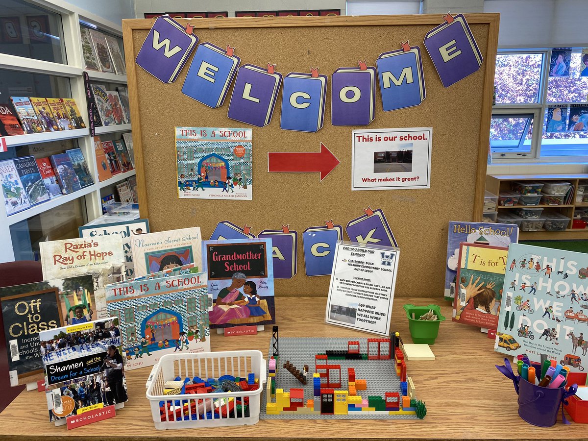 WilshireLibrary's tweet photo. Utterly inspired by @MrSchuReads book, This Is A School, to set up a book display &amp; prompt that will hopefully inspire students to think about what makes a school a school, and what makes their school a great place to be. Let’s see what they say! #ONSchoolLibraries https://t.co/kVcDAfcf1t