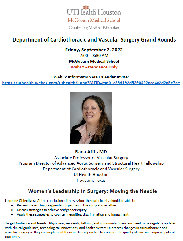 Looking forward to hearing Dr. Afifi <a href="/AfifiRana/">Rana Afifi MD</a> talk about Women's Leadership in Surgery. uthealth.webex.com/uthealth/j.php…