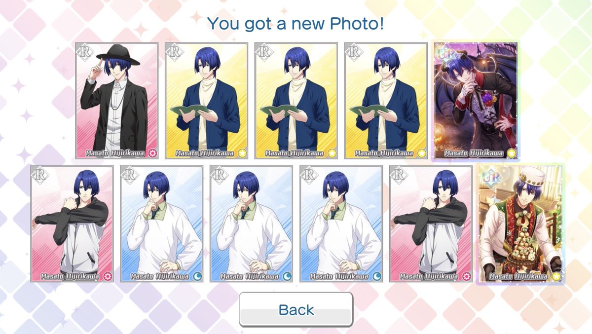 Yozolis288's tweet photo. I think today was my lucky day 😭😭😭. First I used the movie UR pass and got another copy of Amusement Park Masato and then with the paid gacha I maxed Halloween and Christmas Masato in one pull. What the hell 🤣😭💙💙💙 https://t.co/vtc3x7C7pa