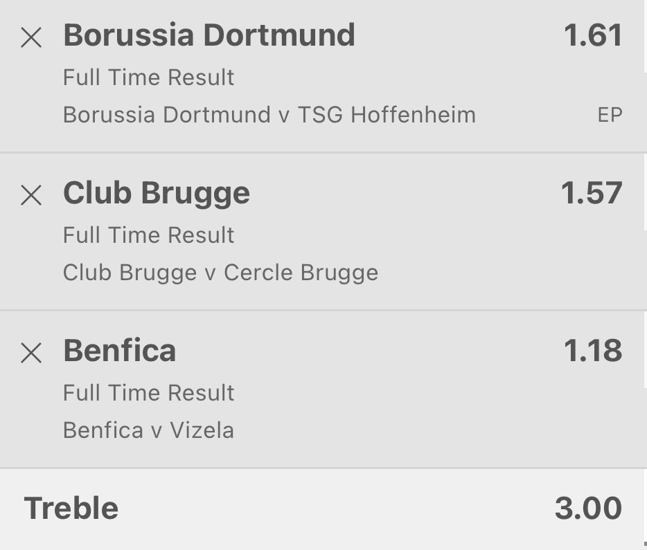 BetBibleTips's tweet photo. Friday’s #WinTreble ⚽️

Club Brugge
Borussia Dortmund
Benfica

2 units @ 3.00

Hit LIKE ❤️ if you’re backing!

#GamblingTwitter https://t.co/VI1MRbrn8j