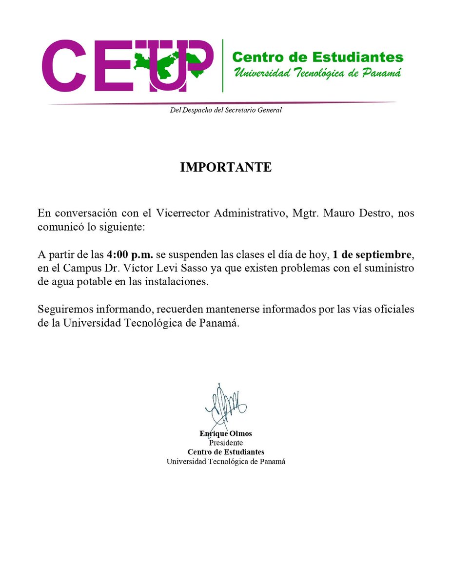 #CEUTPComunica🚨 la suspensión de clases por el día de hoy en el Campus Dr. Víctor Levi Sasso, debido a problemas con el suministro de agua potable.

Atentos a los anuncios oficiales por parte de las autoridades.