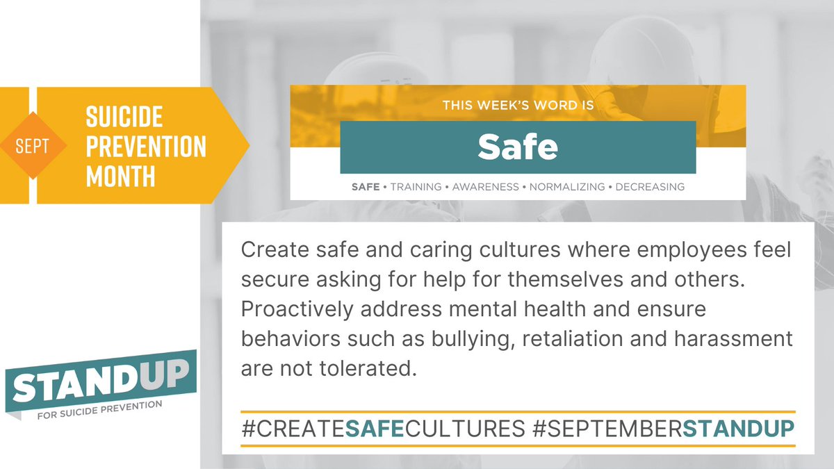 AWCI_INFO's tweet photo. This week starts off #SuicidePreventionMonth. The focus for the week is on creating #SAFE and #caring cultures where employees feel secure asking for help.
GET HELP NOW: https://t.co/U4IAbFhP8j
AWCI is proud to support @theCIASP
#CreateSAFEcultures #SeptemberStandUp #MyAWCI https://t.co/dZnRhCK0MO