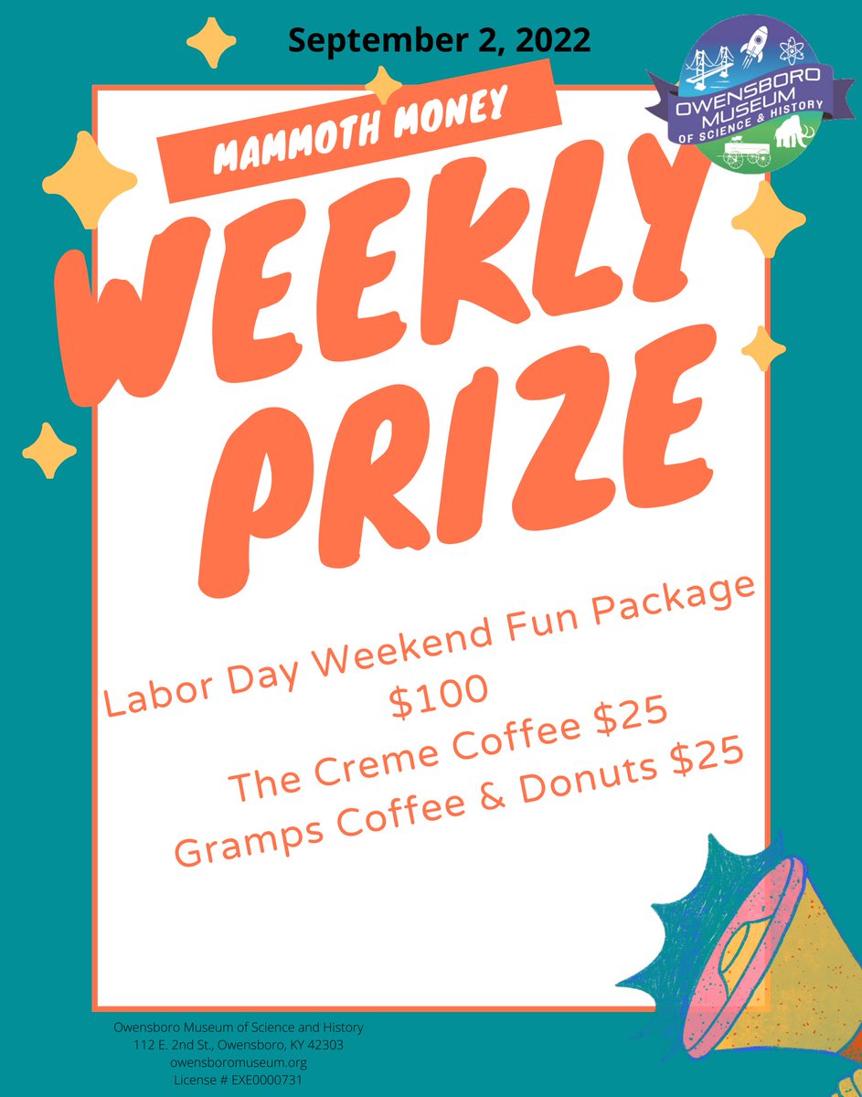 OMSHKY's tweet photo. It's the last week of the Mammoth Money Half-Pot! Enter now for your chance to win Big Money and a chance at our Weekly Prizes! 
Tickets are $5, CASH ONLY
Tickets can be purchased 
@Friday_After_5
  or at the front desk of the museum!
Drawing is this Saturday, Sept 3rd at 11:30AM https://t.co/SHXR99jQun