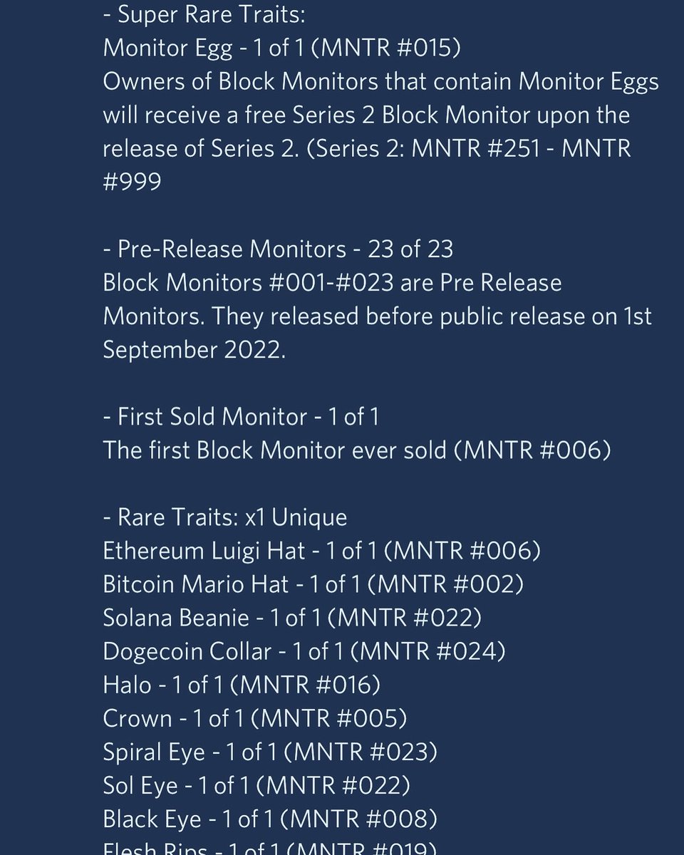 BlockMonitorNFT's tweet photo. Just some of the super rare, rare and special #BlockMonitor traits listed so far 🦎
The Block Monitors are available now on OpenSea! Check them out ⬇️
https://t.co/LI6W9U7sSR
#BlockMonitorsNFT #NFTCollection #NFTCommmunity #NFTdrop #NFT #NFTs #NFTProject #MNTR #Solana #Polygon https://t.co/xyvPeQxrYZ