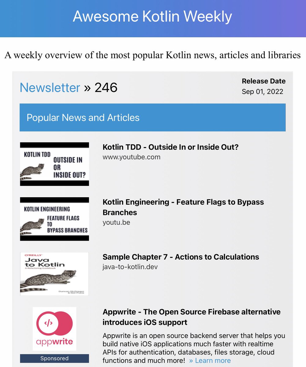 duncanmcg's tweet image. The murdercat seems to be staging a takeover of Awesome Kotlin Weekly!  kotlin.libhunt.com/newsletter/246
For the book java-to-kotlin.dev @java_to_kotlin 
My YouTube channel youtube.com/c/DuncanMcGreg…