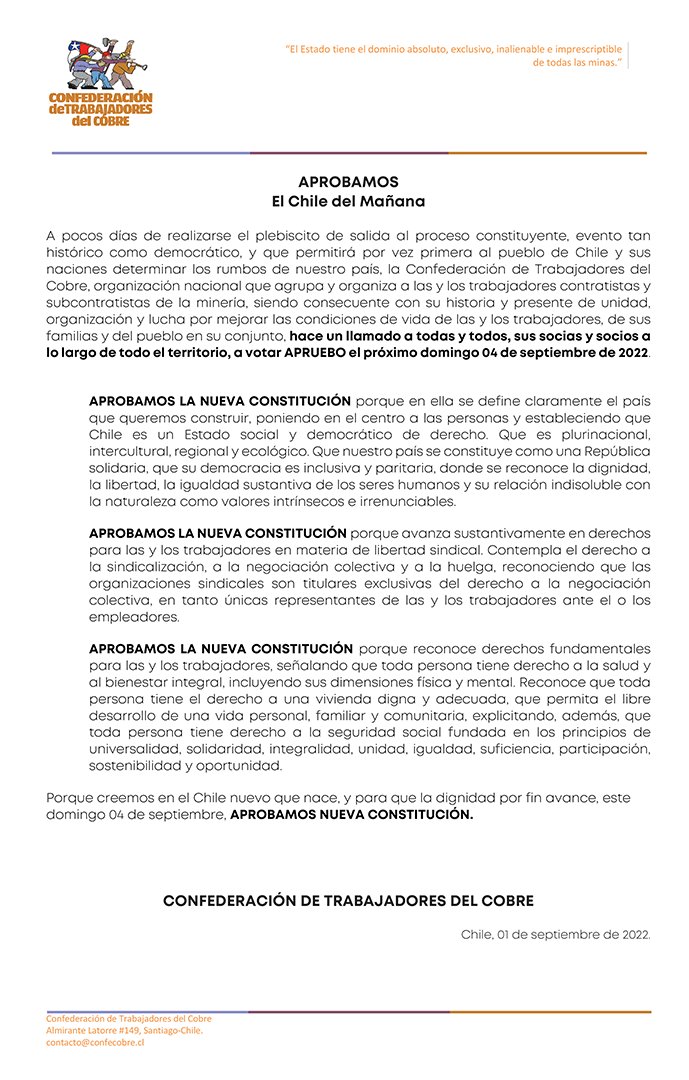 ConfeCobre's tweet photo. 🚩#ComunicadoCTC | Porque creemos en el #Chile nuevo que nace, y para que la #Dignidad por fin avance, este domingo 04 de septiembre, #Aprobamos #NuevaConstitución | #Apruebo ✊🏾 https://t.co/10xhaVqj2y
