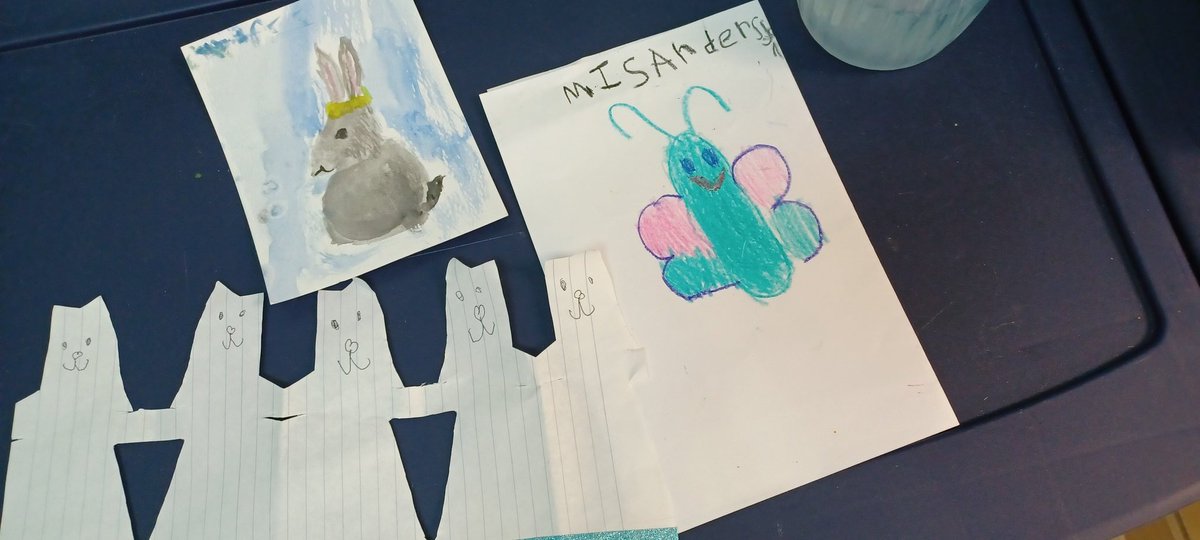 MrsAndersTeach's tweet photo. #FirstDay gifts from students. A bunny painting, a butterfly card and paper doll cats...do my students know me well, or what? #donsch #csd71 https://t.co/sGsPaXdpyj