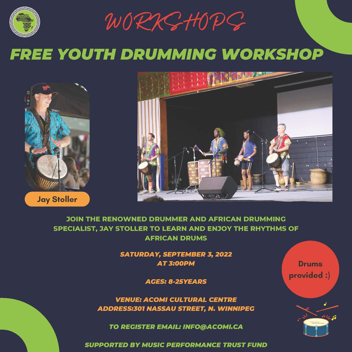 Happening this Saturday, learn some drumming for free! Kicks off at 3pm at ACOMI's second space - 301 Nassau St. Register by emailing info@acomi.ca