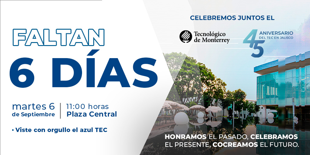 TECcampusGDL's tweet photo. ¿Están list@s para lo que viene? 👀
Quedan 6 días para el #45TECGDL en #TECcampusGDL 🙌 ¡Vístete con orgullo de #AzulTEC celebra con nosotros! 💙
📍 Plaza Central.
🕚 11:00 horas. https://t.co/QS5CojxfZm