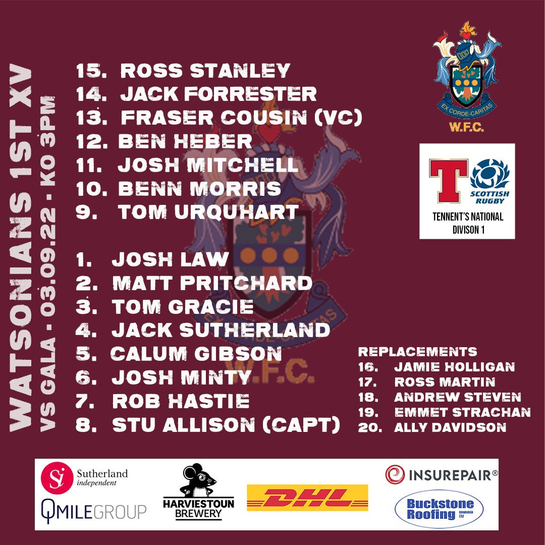 WATSONIANFC's tweet photo. The first game of the season for Watsonians 1st XV and here is your team.

Kick-off at Netherdale is at 3pm.

#Watsonians #ExCordeCaritas #TennentsNational1 @Gala_Rugby 

@HarviestounBrew @Insurepairuk @SutherlandIFA @qmile_edinburgh  @dhlexpressuk #BuckstoneRoofing https://t.co/ibXkZ7IhKf