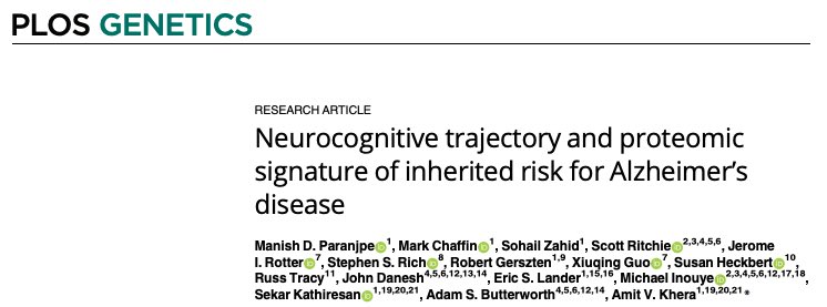 amitvkhera's tweet photo. New from @ManishParanjpe and co. in @PLOSGenetics 

Polygenic score for Alzheimer’s identifies individuals with worsened neurocog. trajectory

and, by studying healthy individuals in the tails of the PRS distribution, nominates new protein biomarkers

https://t.co/g5zTqc9KZB https://t.co/bdndARNuGv