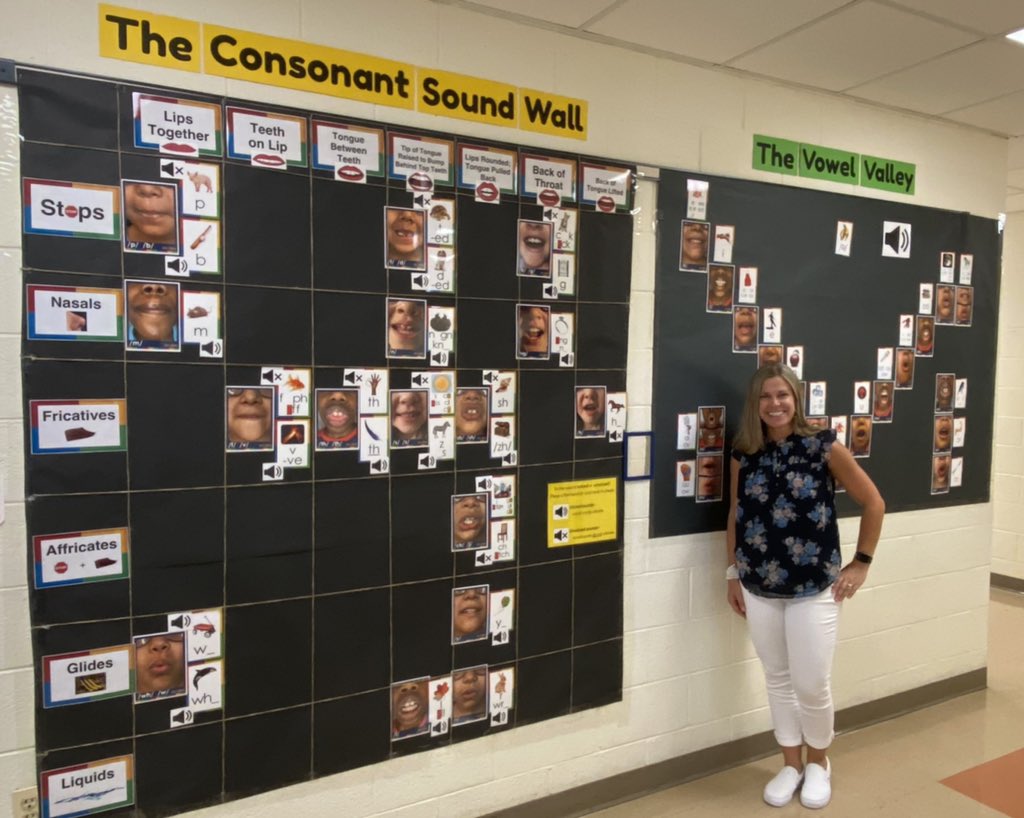MrsOConnorMCPS's tweet photo. Our incredible Reading Specialist showing off our new, interactive Sound Wall and Vowel Valley! Stop by room 258 to check it out! #structuredliteracy #kidlips https://t.co/Qs38pi0LPa