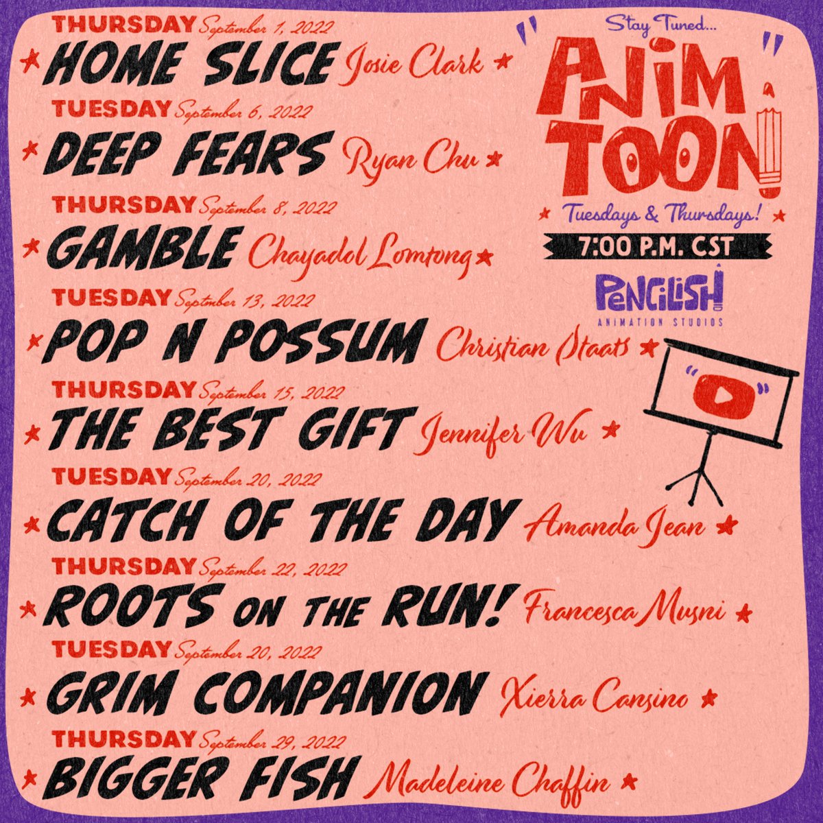 pencilish's tweet photo. September AnimToon Lineup🍂
#AnimToon #AnimatedShort #StudentFilm #Animation2d https://t.co/S7wTJYX4Zc