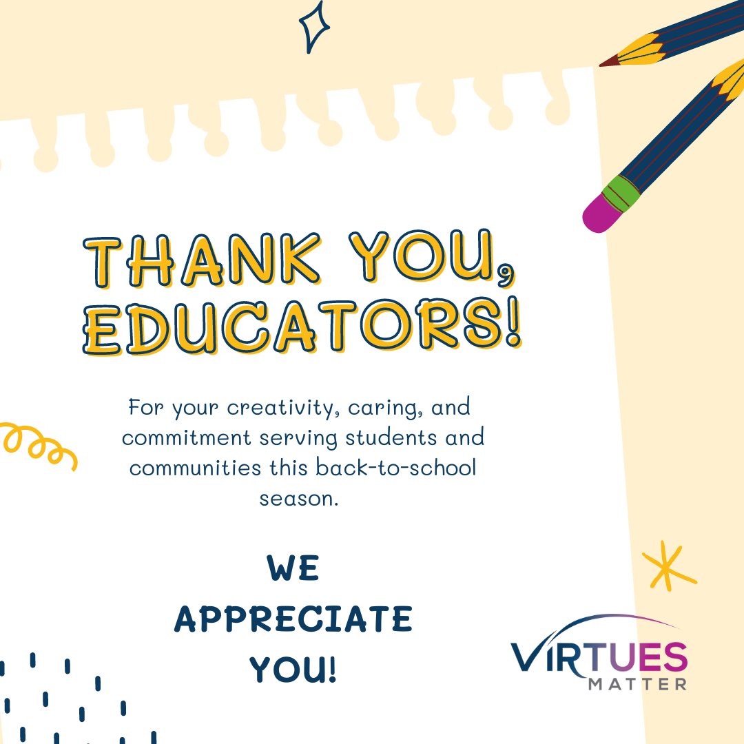 Here at Virtues Matter, we believe teachers ROCK 🍎 It’s always a good day to say thank you to educators, but back-to-school week is an especially perfect time. Who is an educator you’re grateful for? It would probably make their day to hear from you! 💛