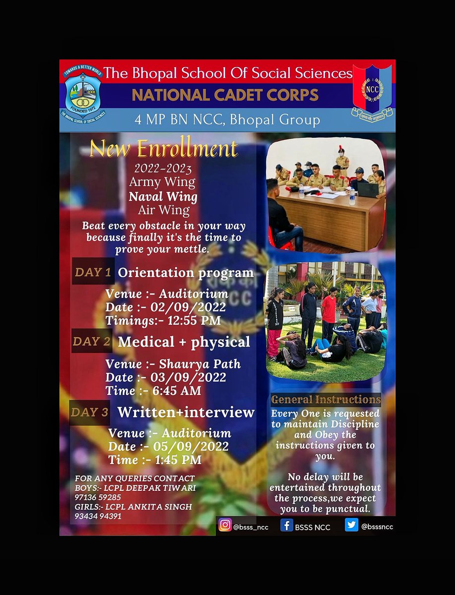 bsssncc's tweet photo. Again the same question but different year !
Do You Have It In You?
Lets find out...
BSSS NCC Enrollments for session 2022-23.
#highjosh #JaiHind #NCC https://t.co/paGOWTDG92