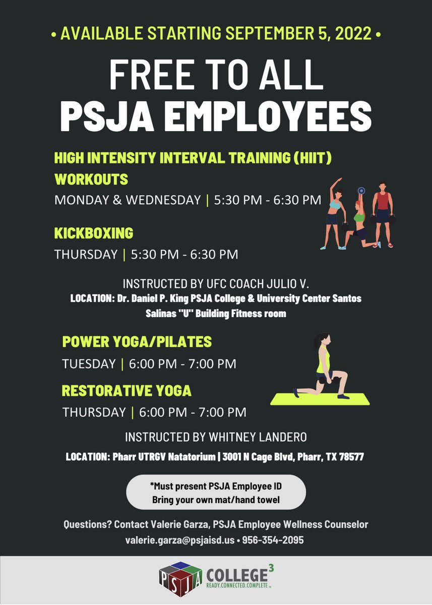VGARZALPC's tweet photo. 📣ATTENTION “A”LL @PSJAISD Employees! Fitness classes will kickoff starting September 5th throughout the entire 2022-2023 SY💪🏻🎉💚#PSJAFIT4LIFE #PSJAWELLNESS #PSJALIFE #selfcare #investinyourself #healthandwellness https://t.co/2sNFDQmlqE