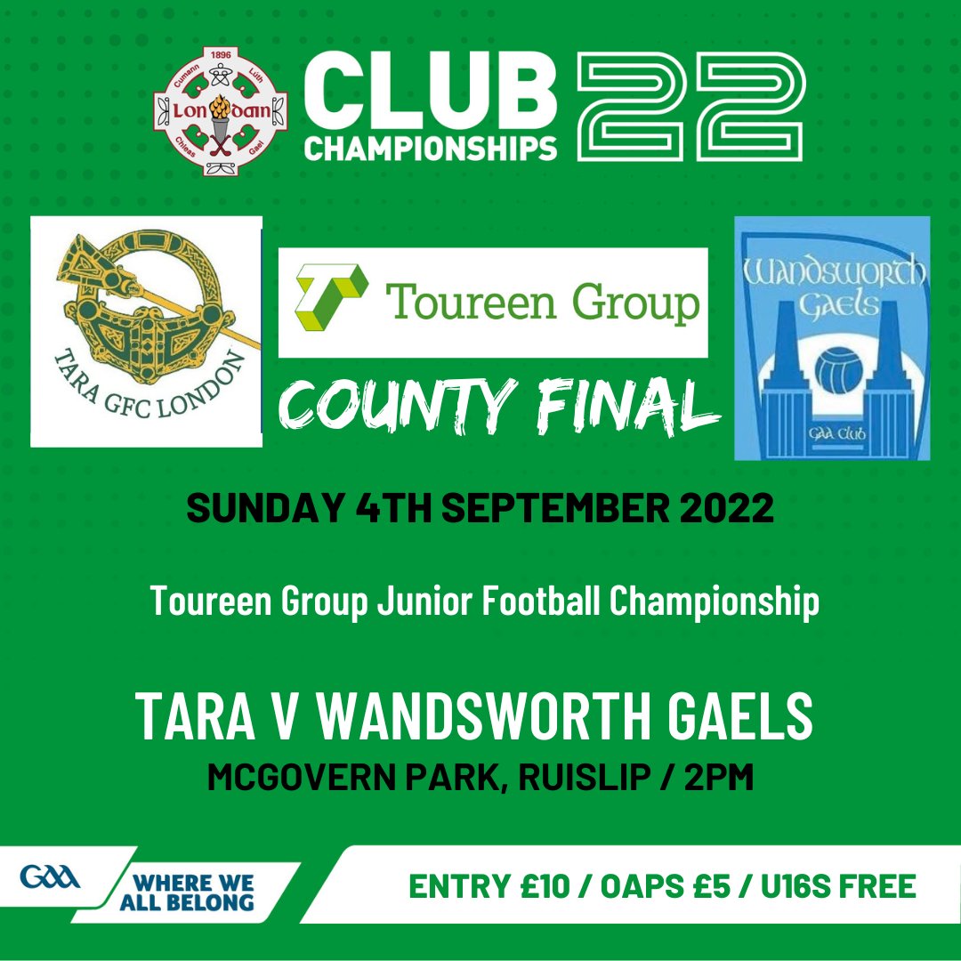 Double header of football championship FINALS in McGovern Park this Sunday @ToureenGroup JFC decider between @tara_gfc and @WandsworthGaels before @parnells_london and @GarryowenGFC meet in the @VGCGroup IFC final Check londongaa.org/fixtures for latest match details
