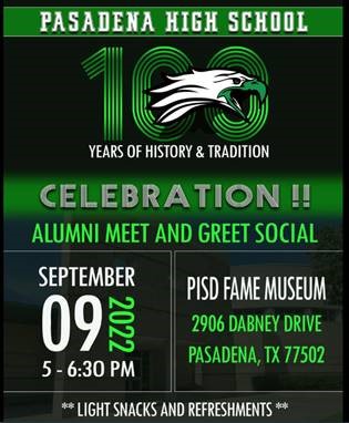 PasadenaISDAlum's tweet photo. @PasadenaHigh is celebrating 100 years of history and tradition on September 9th with a homecoming celebration.
ALL Eagle alumni are encouraged to attend a Meet and Greet with light refreshments at the PISD Athletics Hall of Fame Museum, located at 2906 Dabney, Pasadena, TX 77502 https://t.co/voyIhm8PFZ