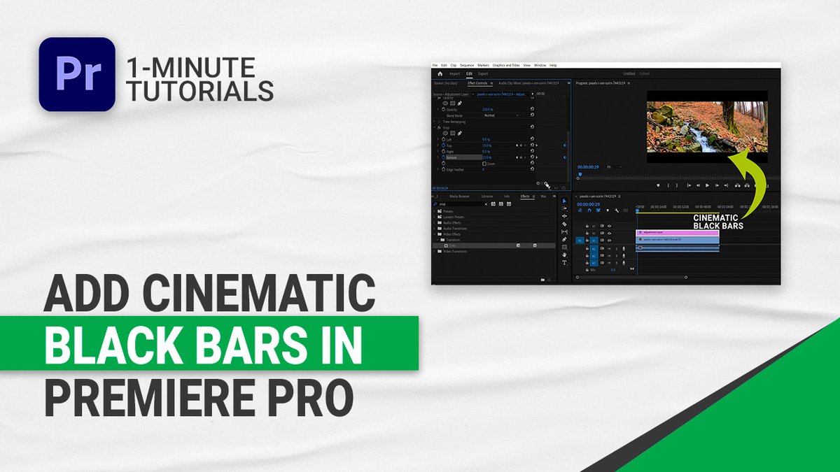 tuixelofficial's tweet image. In this tutorial, you will be learning how to add cinematic black bars to videos in premiere pro
Full Tutorial: linktw.in/Sx7h9sx
Need Our Help?
Sent DM/Email at: care.tuixel@gmail.com
#adobepremiere #premiereprotutorials #premierepro #adobetutorials #premiereprocc