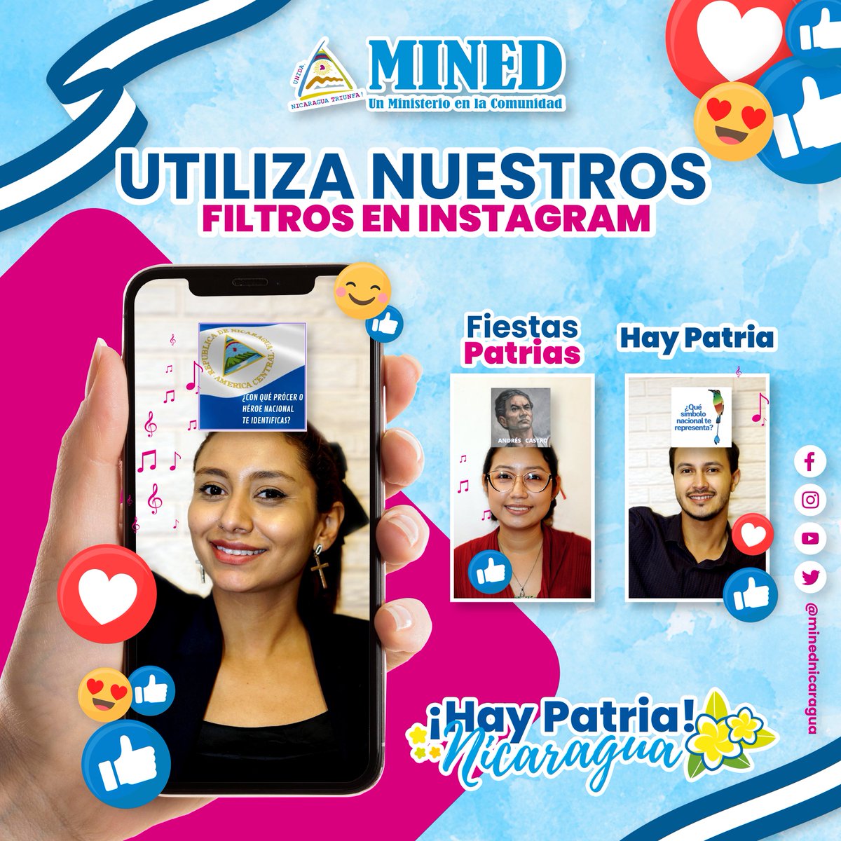 Utiliza nuestros filtros en Instagram, en saludo a las Fiestas de la Patria Bendita y Libre 🇳🇮🇳🇮🇳🇮

Pruébalo aquí:
1) bit.ly/3KDFIZ4
2) bit.ly/3efs4iG

#PatriaBenditayLibre