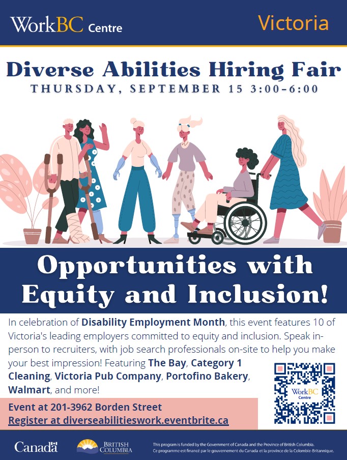 In celebration of Disability Employment Month, <a href="/WorkBC/">WorkBC.ca</a> is presenting a hiring fair at 201-3962 Borden St. The event will run from 3:00-6:00 on Thursday, September 15 and will have staff support and ASL translation on-site!

eventbrite.ca/e/opportunitie…