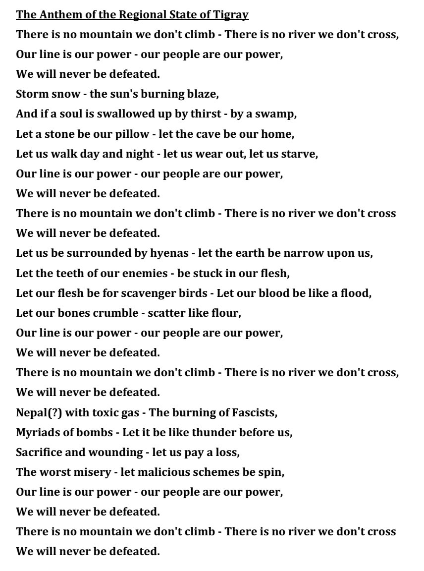HermelaTV's tweet photo. English translation “Tigray National Anthem.” This explains everything. If kids grew up singing this… Glorifying horrific suffering with no positive aim, then the current reality starts to make sense. Complete brainwashing. #SayNoMore #DisarmTPLF https://t.co/zFdovnqvT1