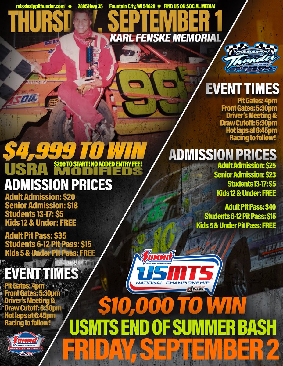 DanBaileyMTS's tweet photo. Tonight @ Mississippi Thunder Speedway is the 3rd Annual Karl Fenske Memorial presented by Whitewater Chrysler, Dodge, JEEP, Ram! Night 1 of a 2-Night double-header with $10000-To-Win USMTS 'End of Summer Bash' Friday! #MTS #MTS_USA #KwikKarl https://t.co/UVZG3q991H