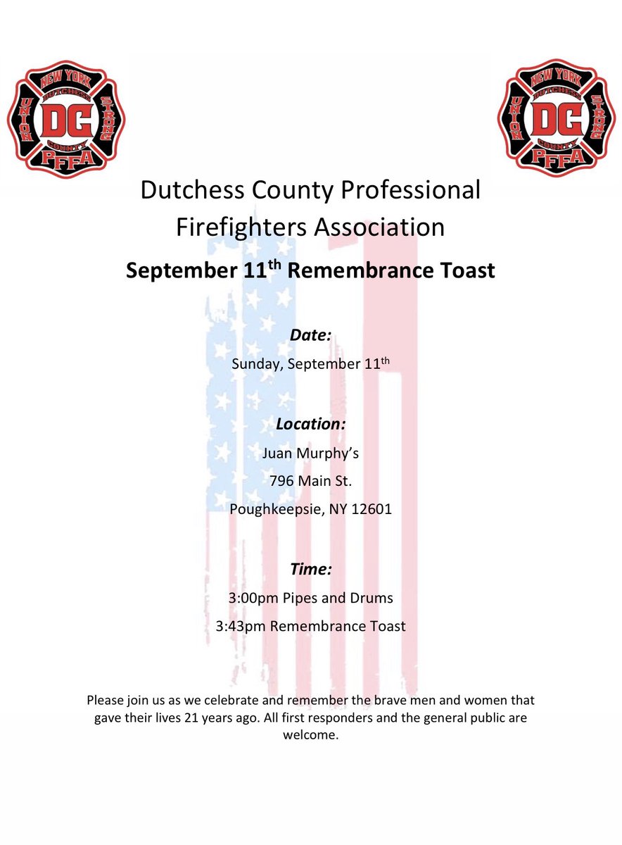 dcpffa's tweet photo. Please join us on Sunday September 11th at Juan Murphy’s as we honor those that gave their lives on September 11, 2001. 
#iaff #nyspffa #dcpffa https://t.co/sFaKR1jVwO