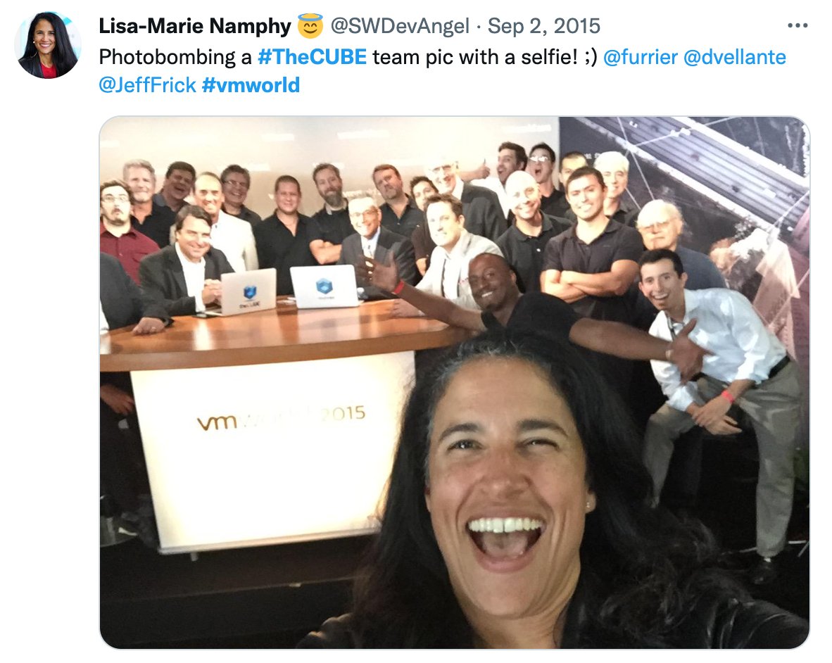 Check out this massive production set for <a href="/theCUBE/">theCUBE</a> <a href="/VMwareExplore/">VMware Explore</a> this year! I'm so impressed!!! I remember the setup from #vmworld 2015, and also taking (and photobombing) the official post event team picture! <a href="/furrier/">John Furrier</a> <a href="/dvellante/">Dave Vellante</a> #ThrowbackThursday #vmselfie