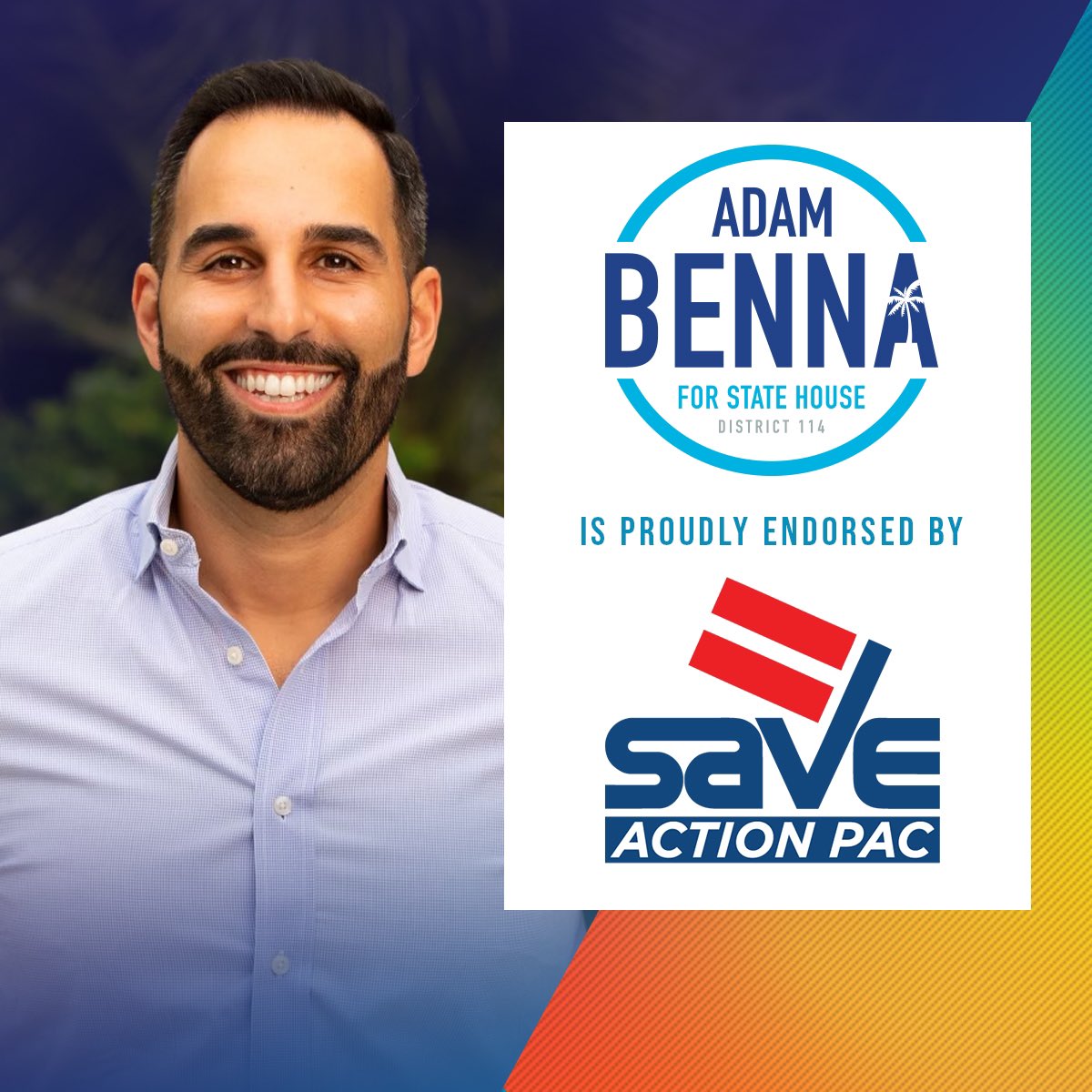 adam_benna's tweet photo. What an honor to receive the endorsement from @SAVELGBT … I will always be a Champion of Equality! Let’s go win this! #FLHD114 #LGBTQ #Equality #Dem2022 #2022Election https://t.co/hrYZXzGvla