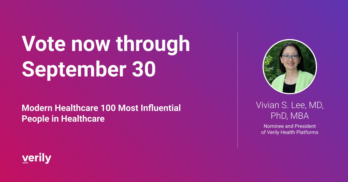 Thanks, <a href="/modrnhealthcr/">Modern Healthcare</a>, for recognizing our own <a href="/vivianleemd/">Vivian S. Lee, MD</a>, President of Verily Health Platforms, among many prestigious and deserving nominees on the 100 Most Influential People in Healthcare list! 

Vote now for leaders who are reimagining #healthcare: bit.ly/3TDVM0U