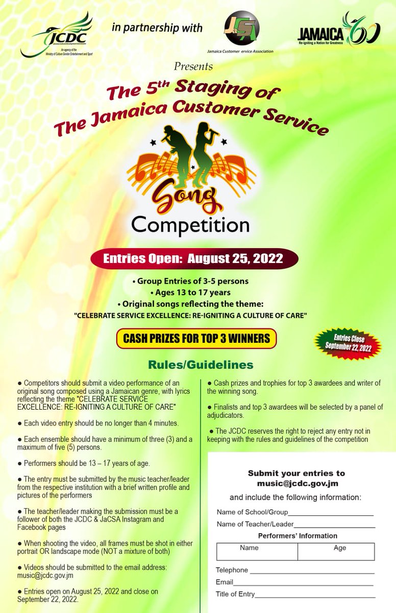 JaCSA_JM's tweet photo. The JCDC in partnership with JaCSA is now accepting entries for the Jamaica Customer Service Song Competition!  Send in your original songs by September 22nd, reflecting the theme "Celebrating Service Excellence: Reigniting a Culture of Care...

@JaCSA_JM 
#CustomerService https://t.co/vJxts5ojSL