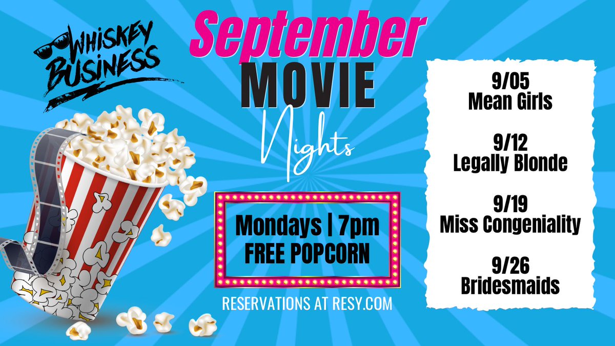Our September Monday Movies are here!! Join us on the rooftop for some of our favorite flicks! 🍿🎥🎬🥂

FREE POPCORN!
 
Reservations at Resy.com