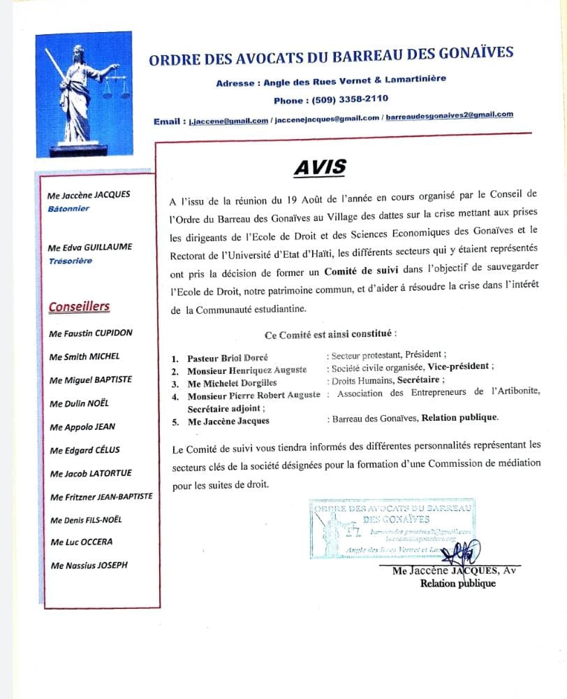AVOKA_JENES_LA's tweet photo. Nan Yon nòt #BARREAU #DES #GONAÏVES mete deyò, gen plizyè sektè nan vil Gonayiv ki mete tèt yo ansanm yon fason pou sovgade #EDSEG, epi kreye posiblite pou genyen yon antant avèk #RUEH, paske depi 2019 lekòl Dwa Gonayiv la konnen anpil moman difisil parapò avèk kriz la. #REGARD👀 https://t.co/nxlZIiMMEb