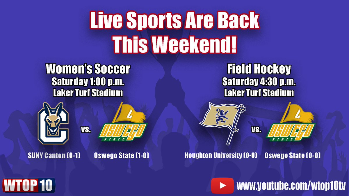 WTOP10Sports's tweet photo. Live Oswego State sports are back on @wtop10 this Saturday! Tune in at 1:00 to watch @OswegoWSoccer take on SUNY Canton in their home opener. Then again at 4:30 to see @OswegoFHockey battle Houghton University. https://t.co/fqoLcVMG5F